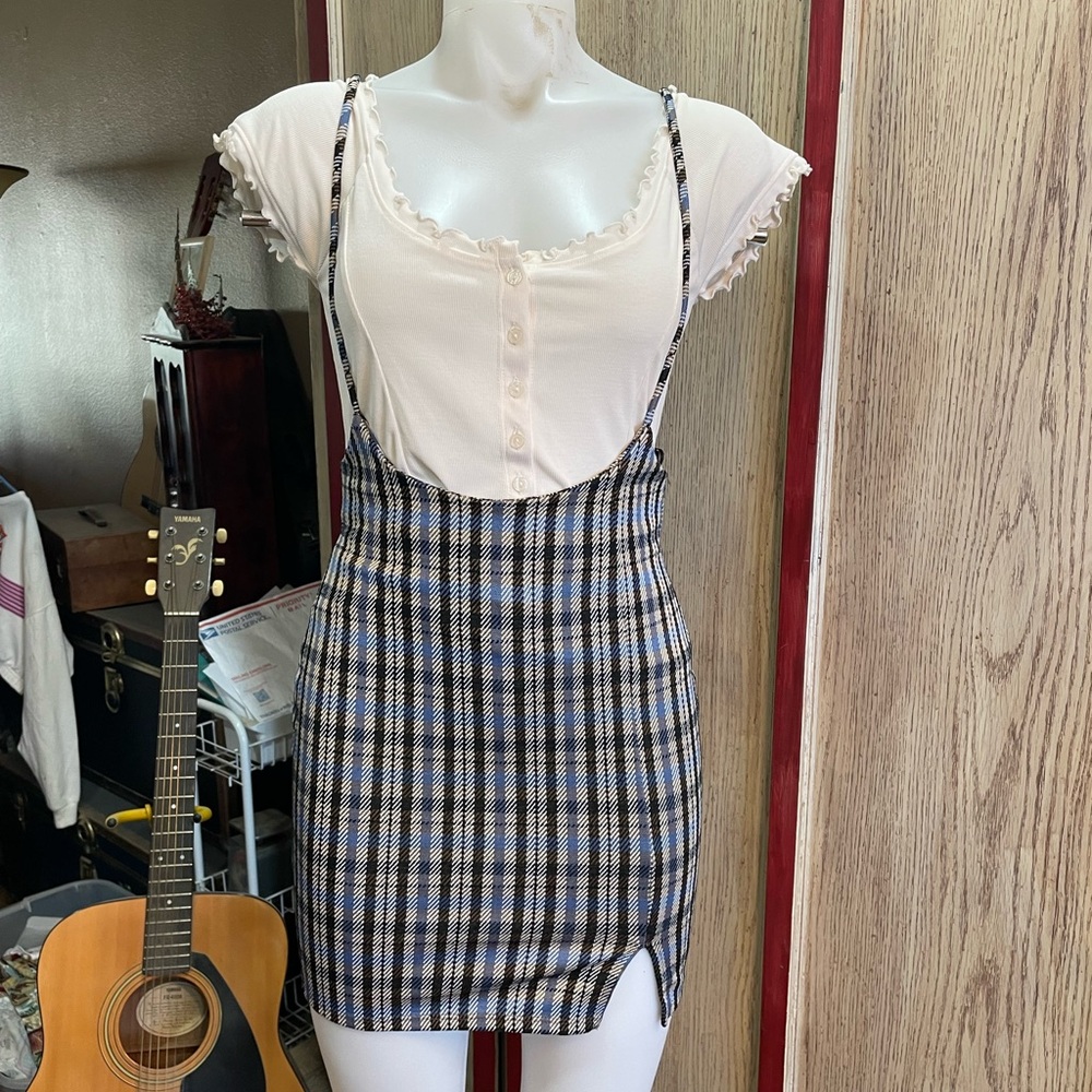 Lovely Day Blue and Brown Plaid suspender skirt